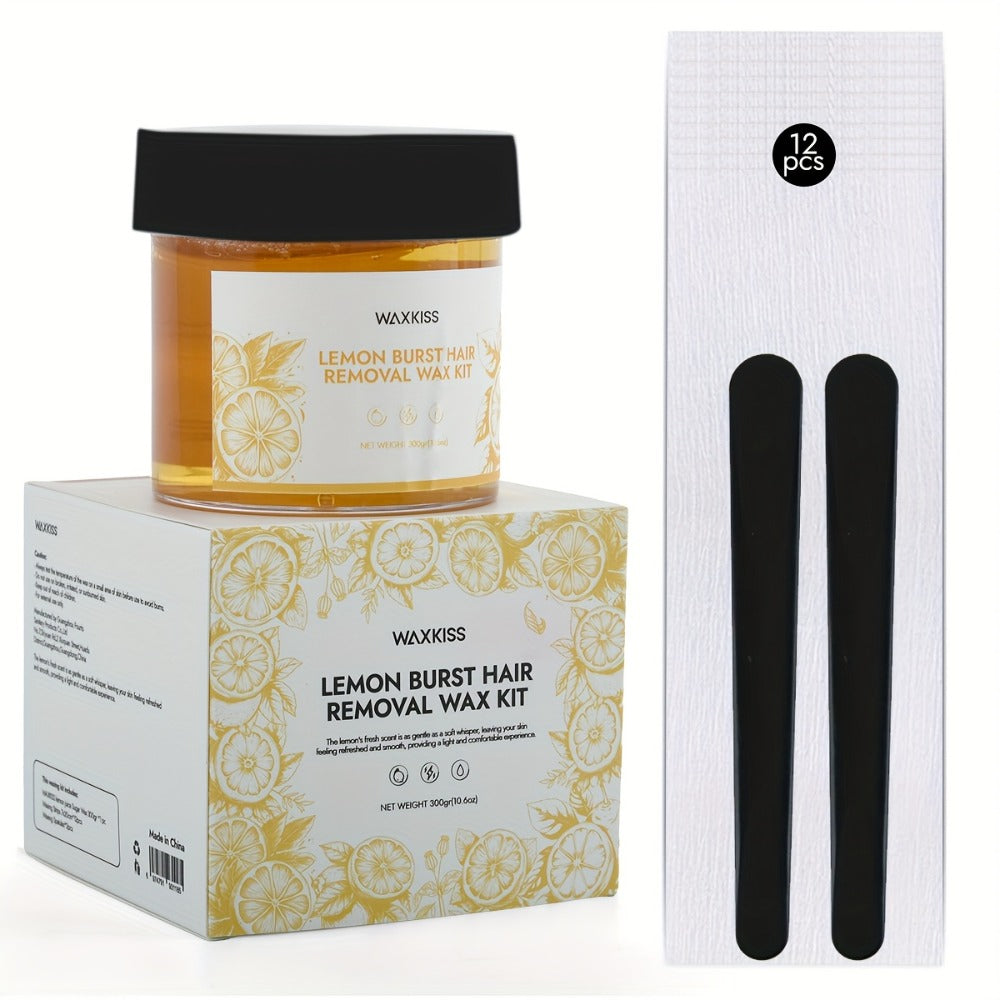 Sugar Wax Hair Removal Kit 300g – Gentle Soft Wax with Strips & Sticks for Body Hair Removal, Lemon or Activated Carbon Formu