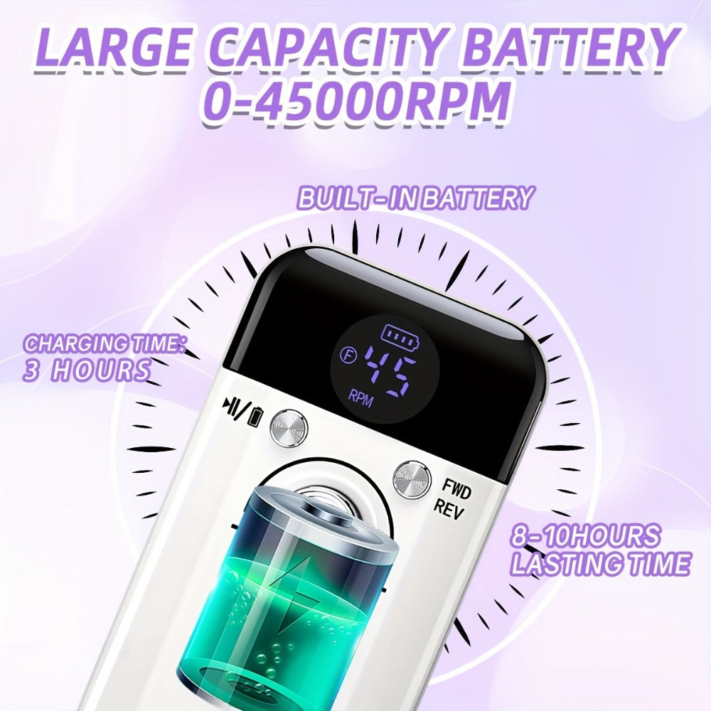Electric Nail Drill 45000 RPM Rechargeable Kit with LCD Display and V6 Pink or White Options — image 2