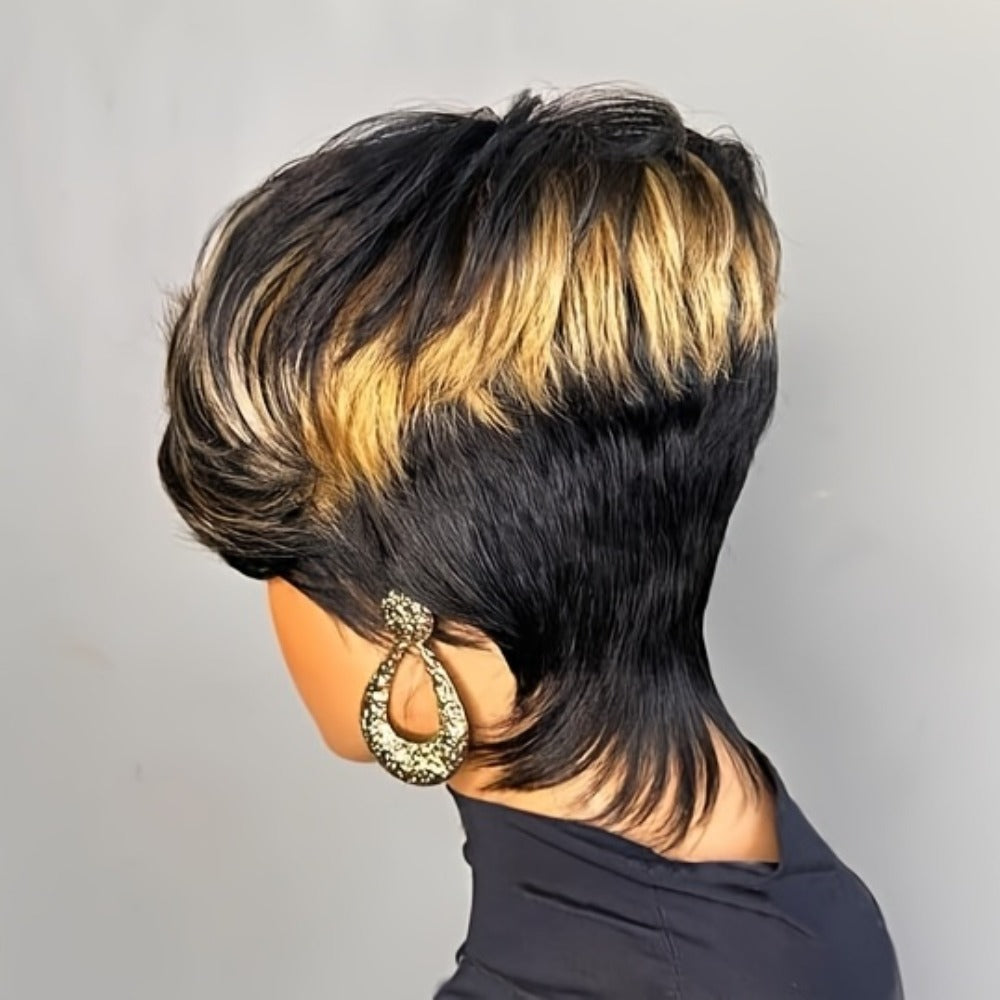 Synthetic Wig 4-Inch Layered Pixie with Bangs, Black-Blonde Look and Rose Net Cap for Daily Style — image 13
