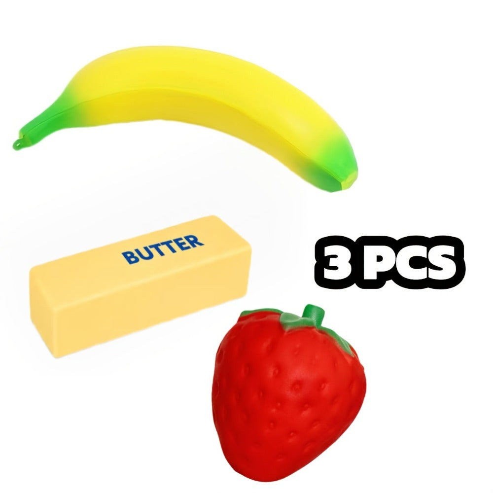 Squishy Food Toy Set 3pcs Slow Rising PU, Pretend Play Simulation Food Butter Banana Strawberry, Sensory Squeeze Stress Toy —