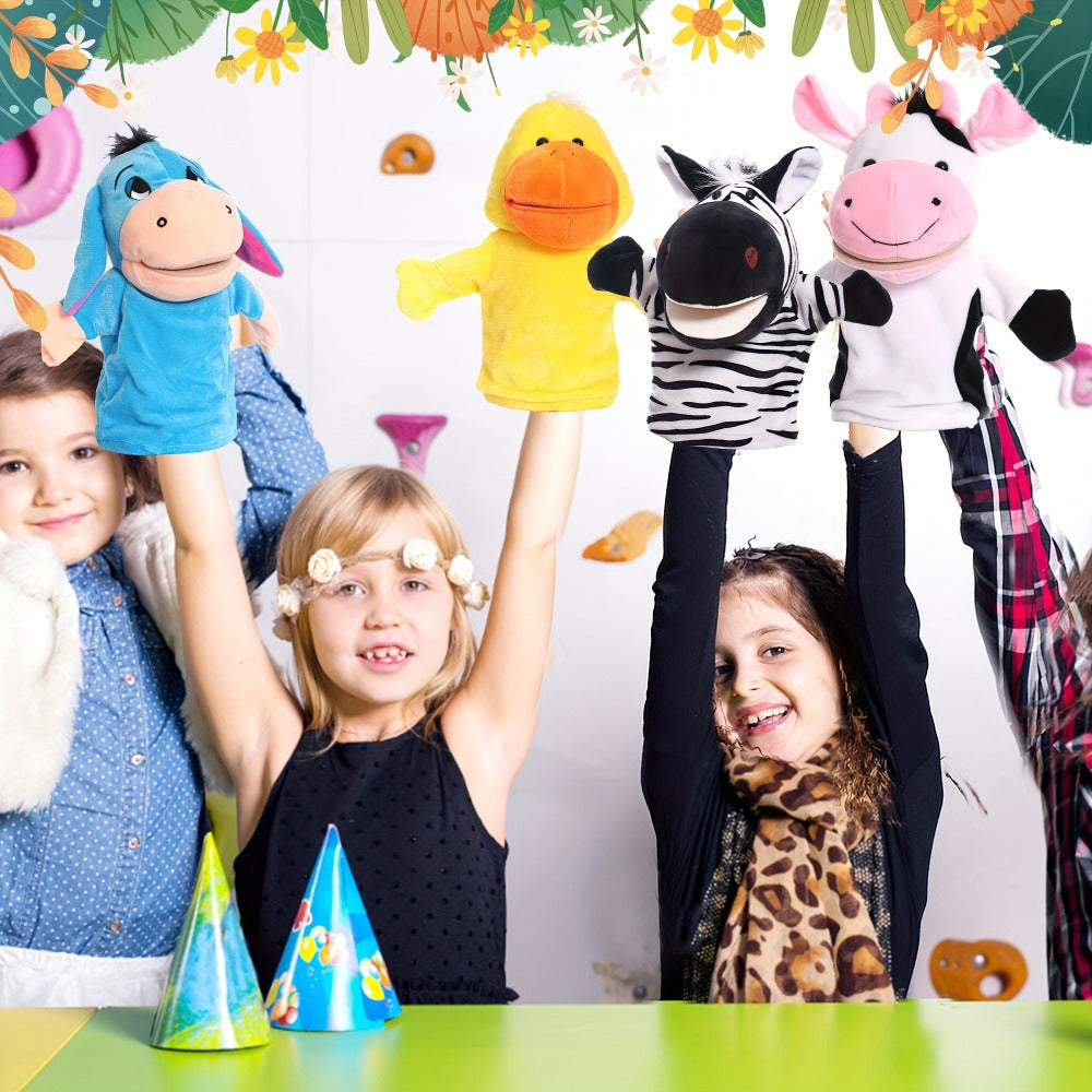 Four-Piece Animal Hand Puppet Set with Blue Donkey, Yellow Duck, Zebra and Pink Cow Designs — image 5