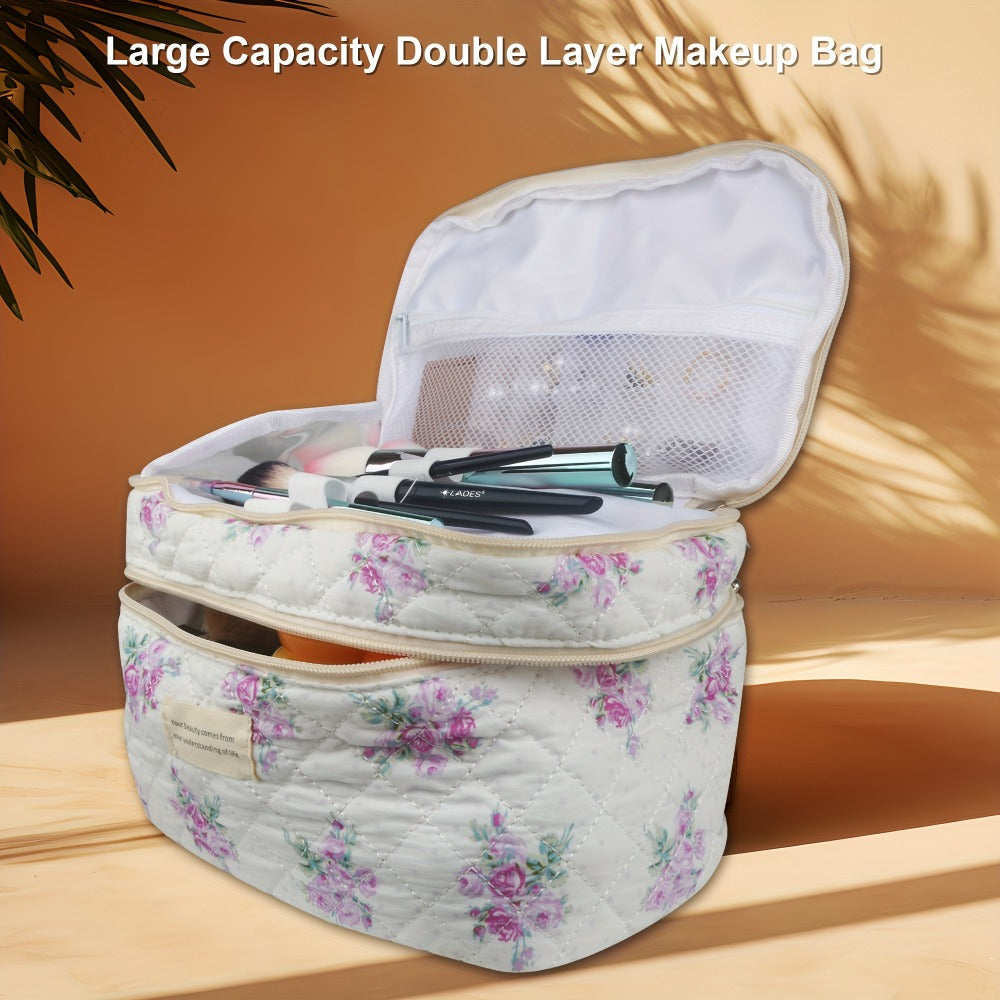 Makeup Bag Three-Piece Quilted Cotton Dual-Layer Floral Pouch Set for Travel, Vanity and Everyday Beauty Storage — image 16