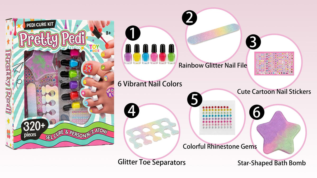 Pedicure Play Set for Girls 8+, 320+ Pieces Pretend Spa Kit with Colorful Nail Polishes & Stickers — image 8