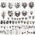 Temporary Tattoos, 44-Sheet Black Animal and Mountain Set with Wolf, Lion and Tiger Designs in Large and Small Sizes — image 