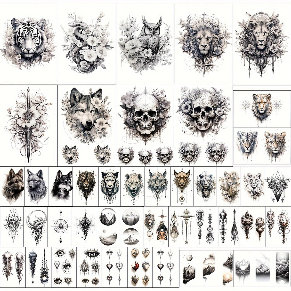 Temporary Tattoos, 44-Sheet Black Animal and Mountain Set with Wolf, Lion and Tiger Designs in Large and Small Sizes — image 