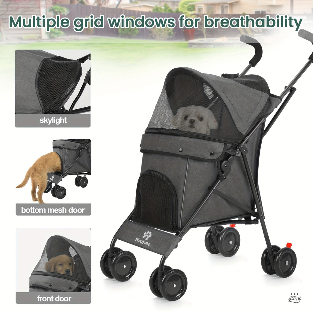 Compact Four-Wheel Pet Stroller with Dual Handles, Mesh Canopy, Lower Basket and Five Color Options — image 5