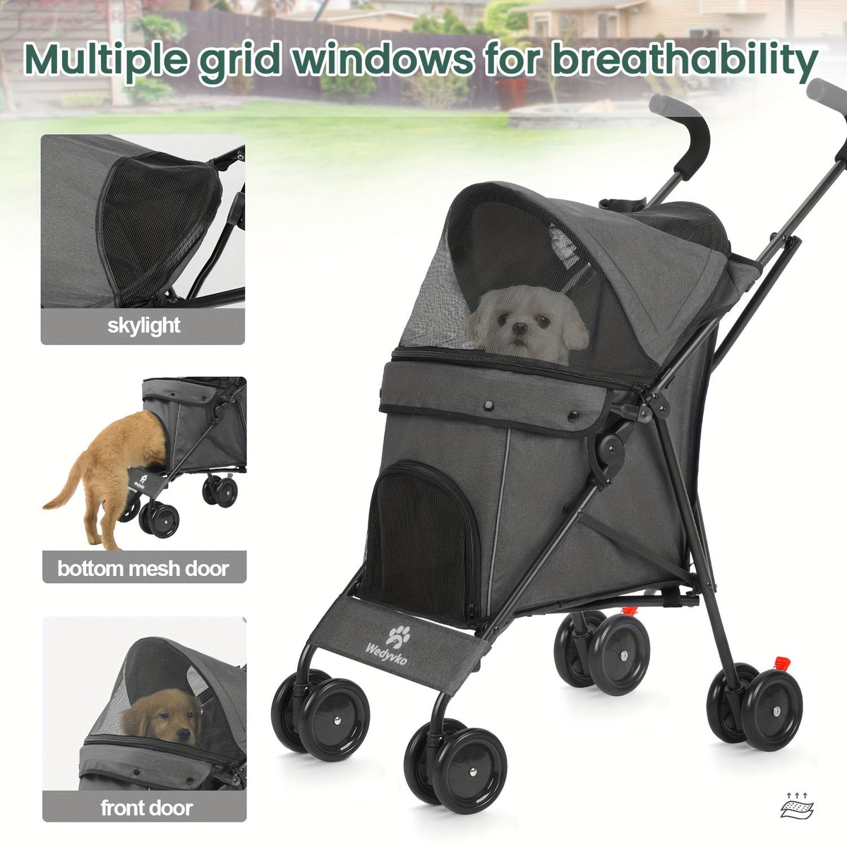 Compact Four-Wheel Pet Stroller with Dual Handles, Mesh Canopy, Lower Basket and Five Color Options — image 5