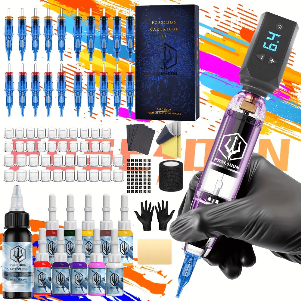 Tattoo Machine Kit POSEIDON SD01 Cordless Pen with 1500mAh Battery, Display, 20 Cartridges and 11 Inks — image 1