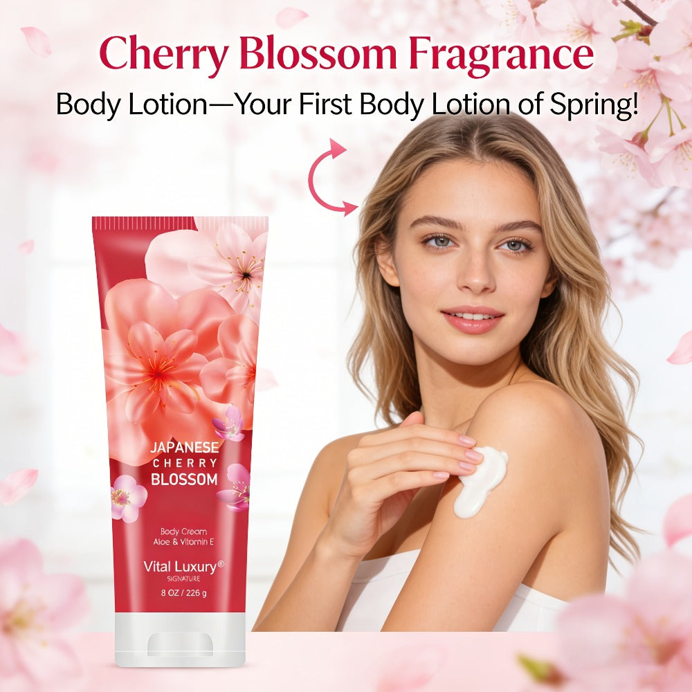 Japanese Cherry Blossom Body Lotion in 8 fl oz Squeeze Tube with Vitamin E and Glycerin Labels — image 1
