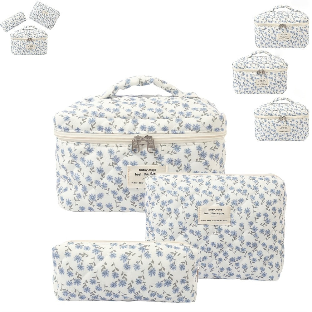 Quilted Makeup Bag Set 3 Pcs Floral Pattern Large Capacity Travel Cosmetic Organizer with Gold Zipper – Polyester Skincare To