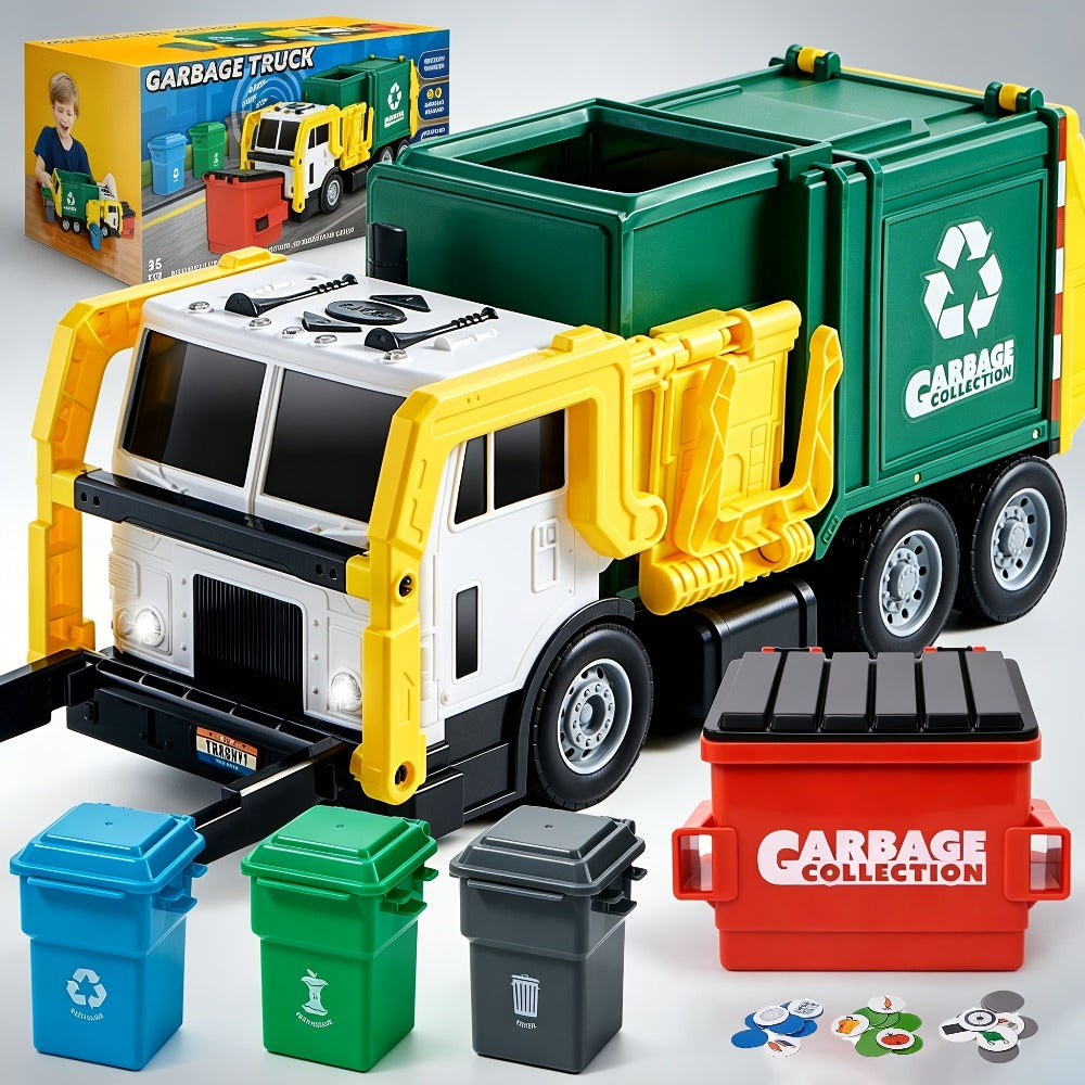 Garbage Truck Toy Set 16-Inch Large Friction-Powered with Lights & Sounds, Color-Coded Trash Bins — image 1