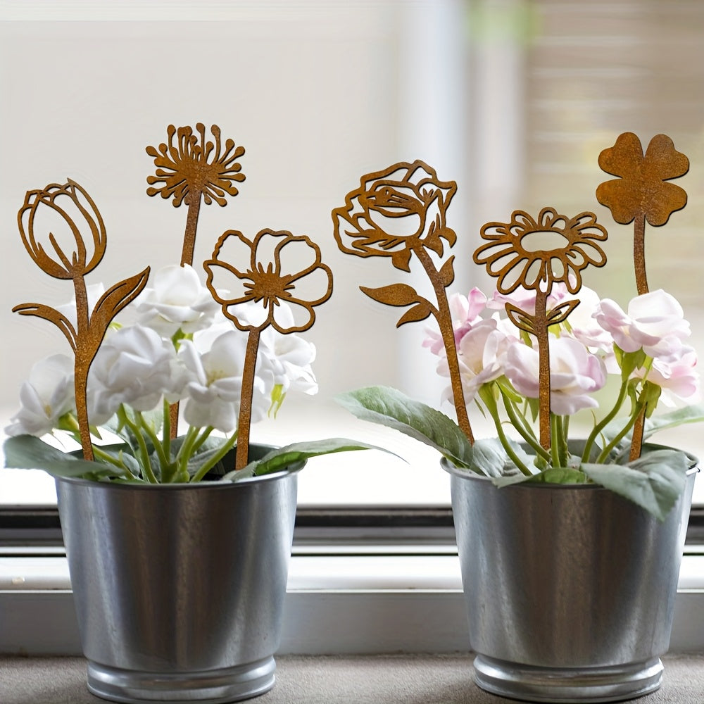 Rustic Flat Metal Flower Garden Stakes, Six-Piece Rose, Daisy and Botanical Set for Pots and Borders — image 7