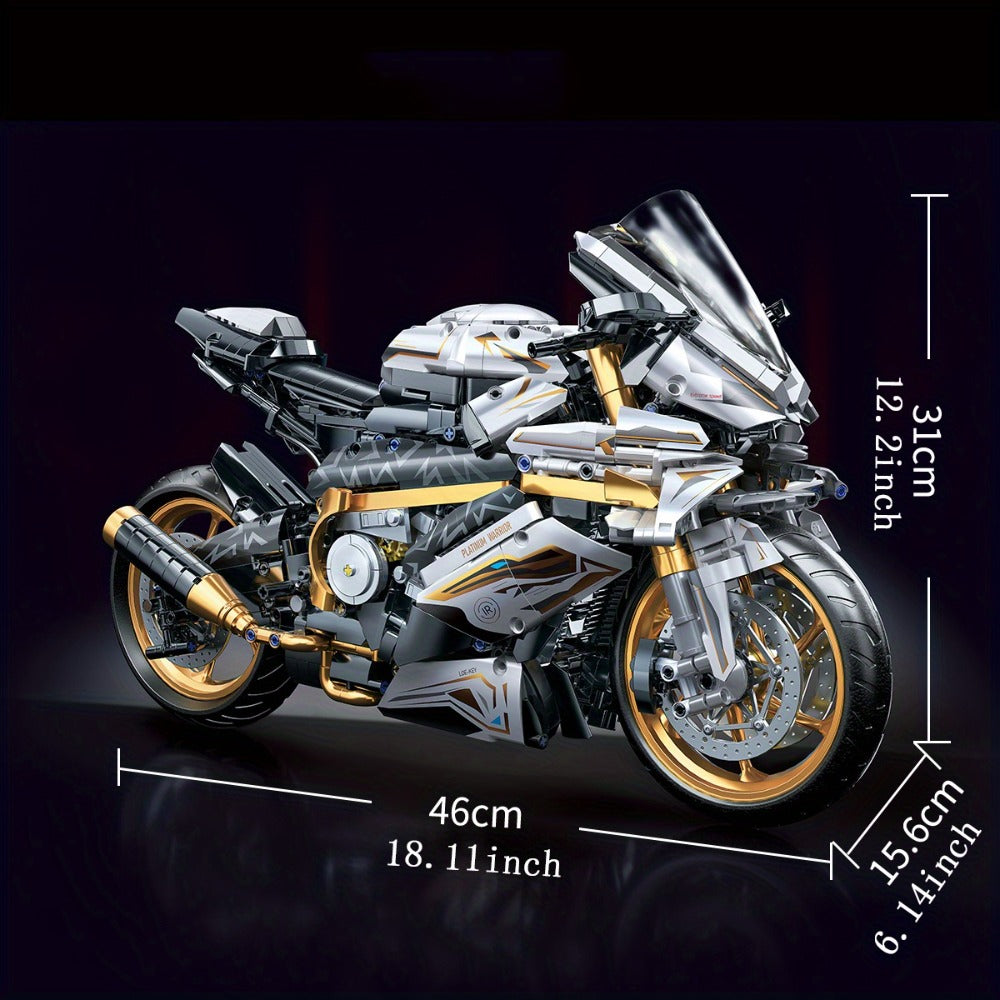 Motorcycle Building Blocks Model Kit 1:5 Scale 2000+ Pieces, Platinum Gold & White Collectible Brick Motorbike Display Set — 