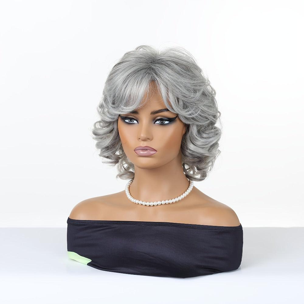Synthetic Wig 12-Inch Silver Grey Short Curls with Bangs and Adjustable Rose Net Cap for Cosplay Looks — image 3
