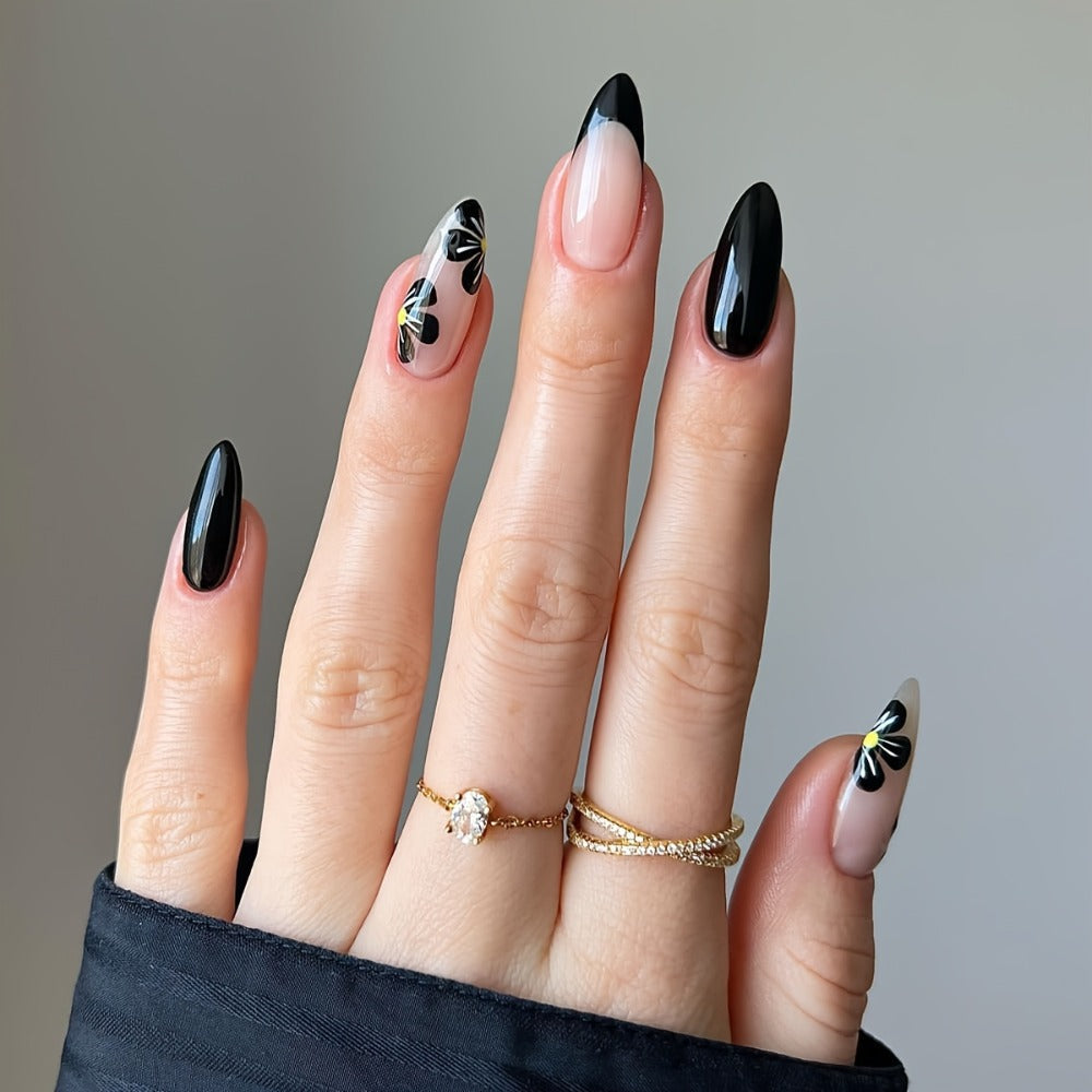 Press On Nails 144-Piece Short Almond Set with Pink Flowers, Rhinestones, Black French Tips and Glue — image 10