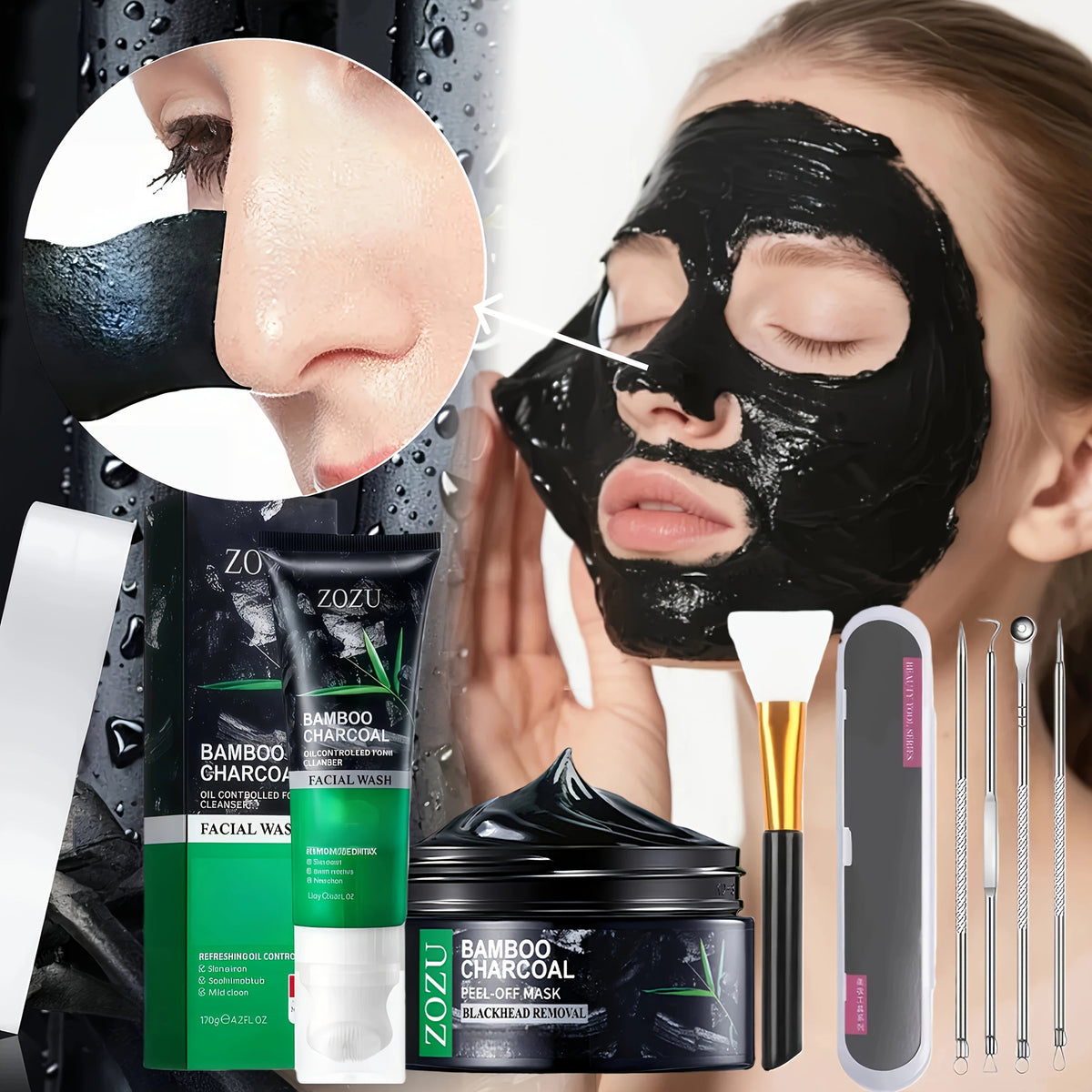 Skincare Set with ZOZU Label, 4 Bamboo Charcoal Items Including Cleanser Mask Essence and Brush Tool — image 8