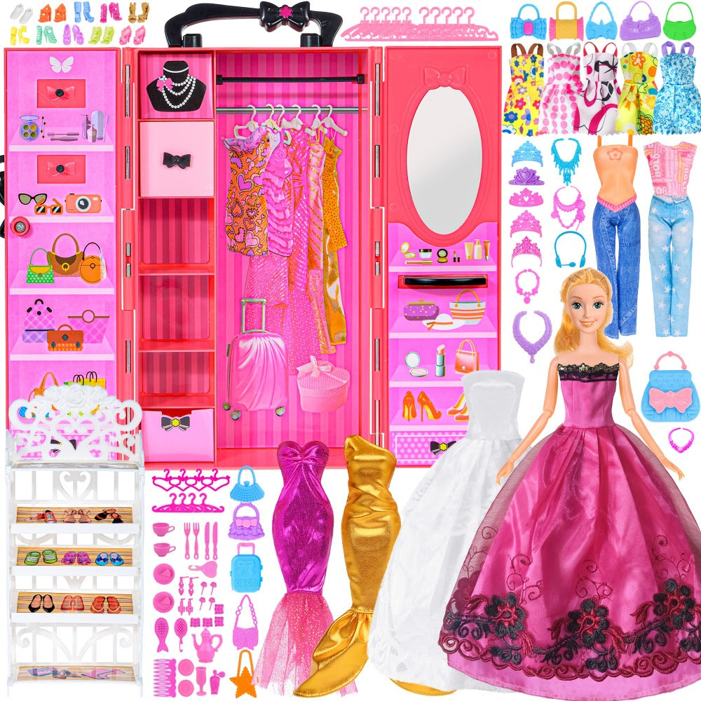 139-Piece Rose Doll Wardrobe and Accessory Case for 11.5-Inch Dolls with Dresses, Shoes and Stickers — image 1