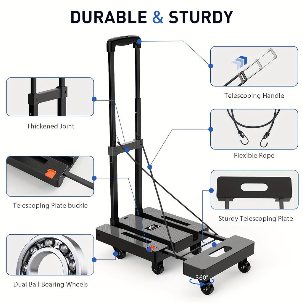 Folding Hand Truck Dolly, Collapsible Luggage Cart with 6 Wheels & 2 Elastic Straps for Moving, Travel — image 10