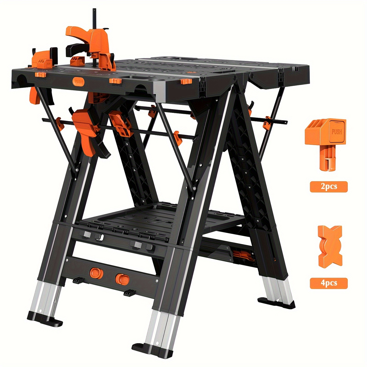 Folding Workbench 2-in-1 Portable Work Table, Height-Adjustable Sawhorse Workbench with 4 Woodworking Clamps — image 4