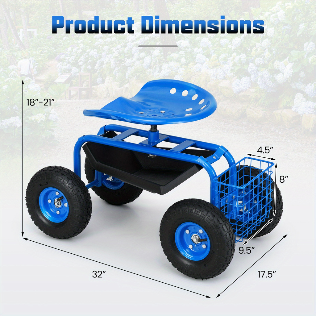 Rolling Garden Cart with Adjustable Swivel Seat, 10" Pneumatic Tires, Storage Basket & Tool Tray — image 6