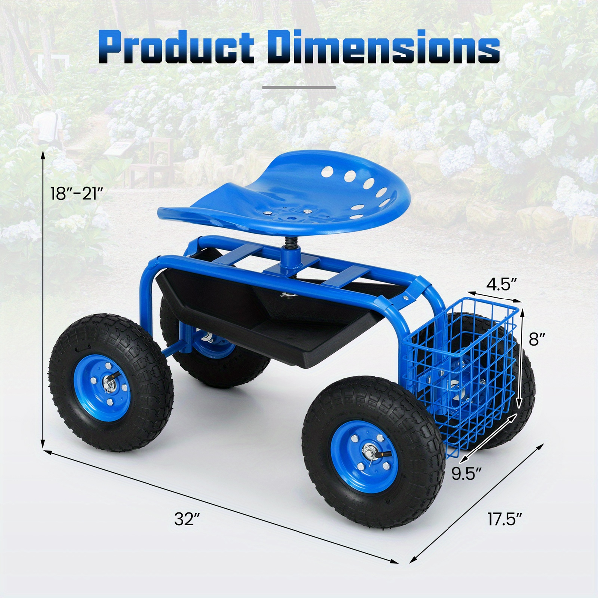 Rolling Garden Cart with Adjustable Swivel Seat, 10" Pneumatic Tires, Storage Basket & Tool Tray — image 6