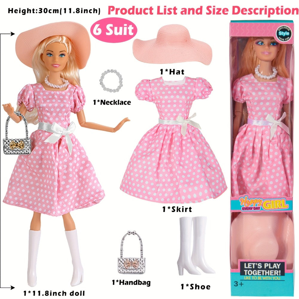 Six-Piece 11.5-Inch Fashion Doll Set with Mixed Outfits, Handbags, Hats, Necklaces and Suitcase Accessories — image 5