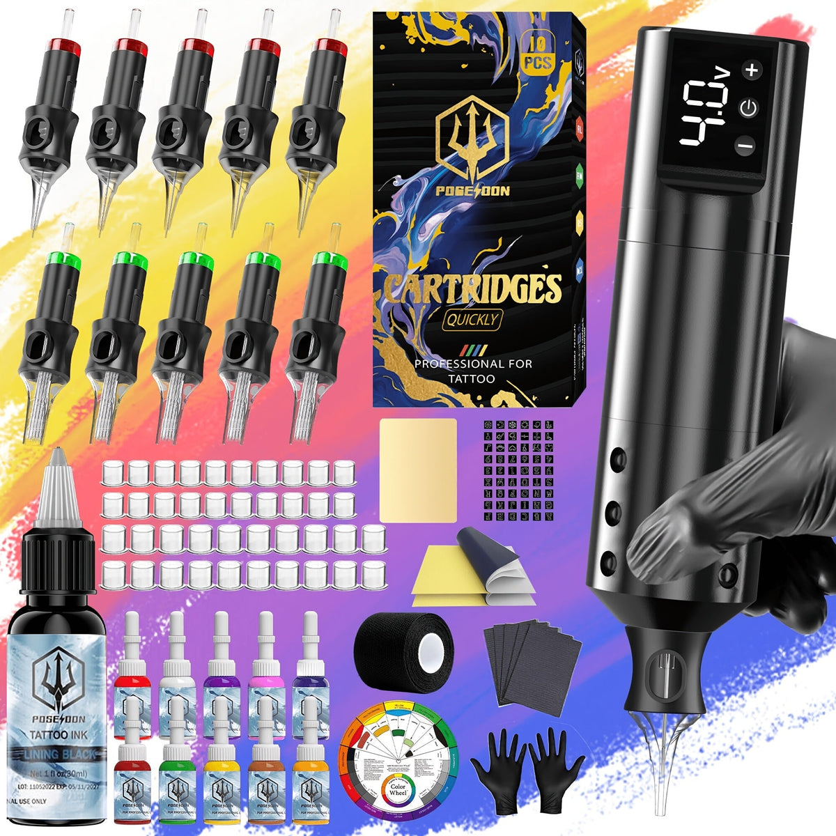 Wireless Tattoo Machine Kit Complete - POSEIDON V5 Rotary Pen with LCD Screen 1500mAh for Temporary Body Art, Festivals and C