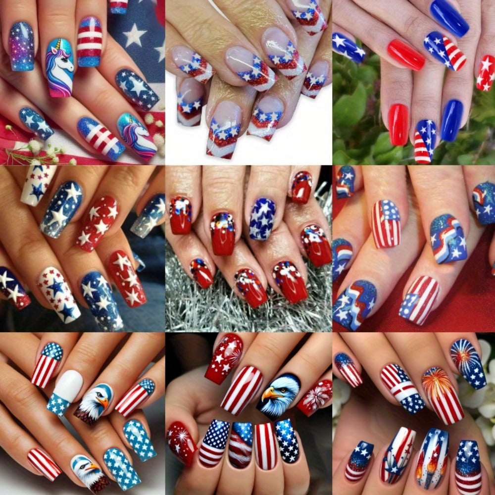 Press On Nails 216-Piece Medium Coffin Nine-Pack Red White Blue Stars and Stripes Patriotic Set — image 2
