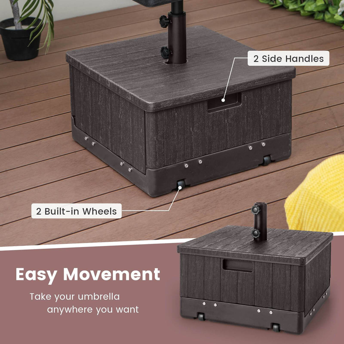 Patio Umbrella Base 3-in-1 Fillable with Table Tray & Planter Box Wheeled Stand Fits 1.5"/1.9" Poles for Garden, Patio and Ya