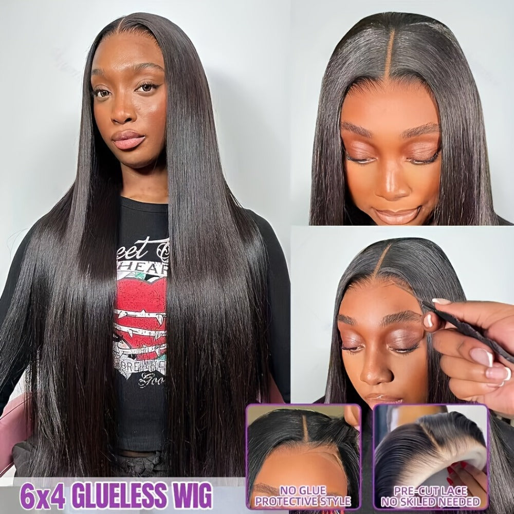 Wig Bone-Straight Glueless Human Hair in Natural Black, 10-34 Inch Options with Pre-Cut 6x4.5 Lace — image 7