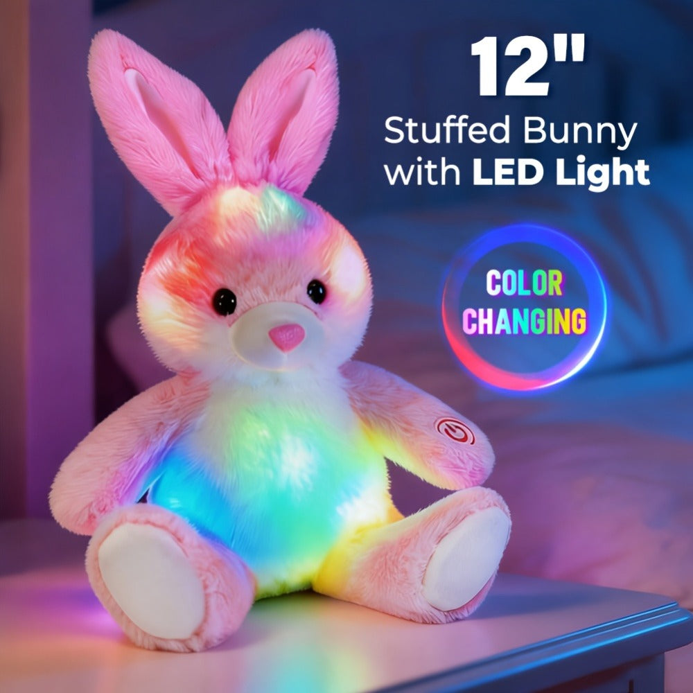 Plush Toy Light-Up Bunny in 8-Inch or 12-Inch Sizes with Pink Ears and Colorful LED Glow for Character Display, Room Decor an