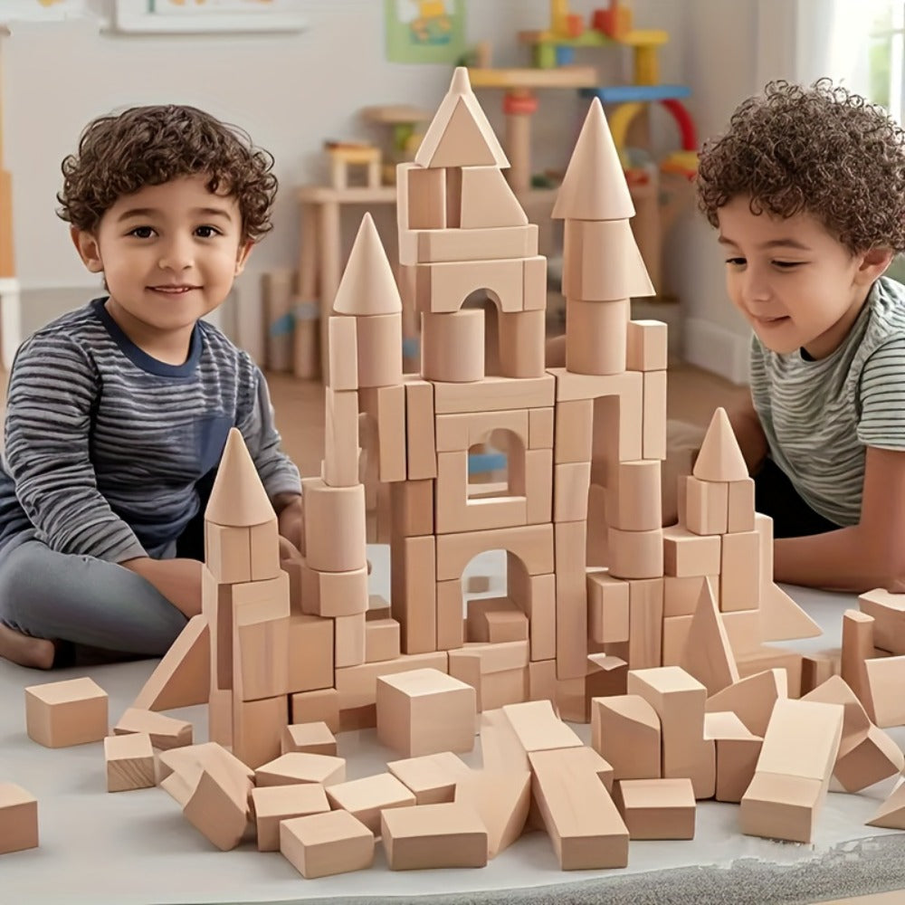 Natural Beech Wood Blocks 100 Piece Unpainted Solid Wooden Building Set, STEM Logical Thinking Toy for Kids Ages 3-12 — image