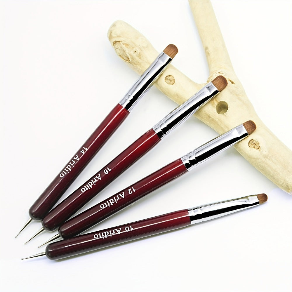 Acrylic Nail Art Brushes Set 4pcs with Dotting Pens – Red Wood Handle Precision Tips #10 #12 #14 #16 for French Manicure Nail