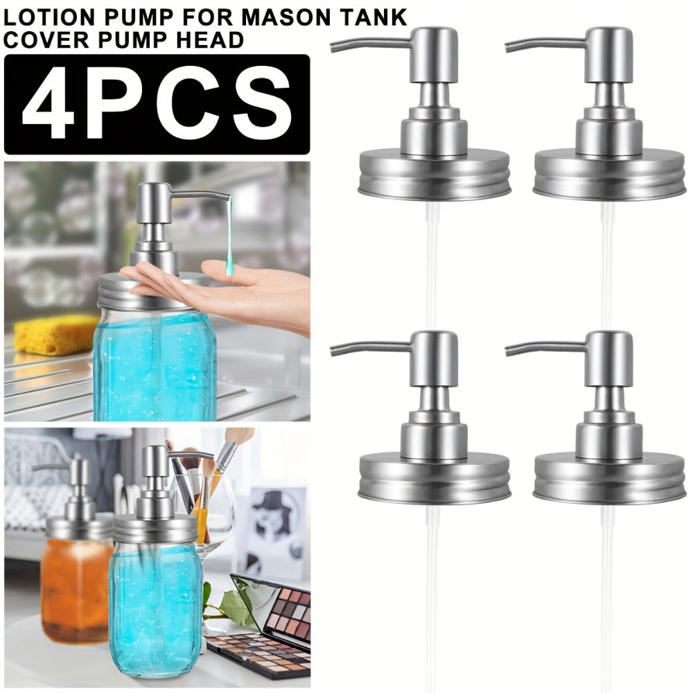 Mason Jar Soap Dispenser Pump Lids 4 Pack – 304 Stainless Steel Regular Mouth Mason Jar Pump Replacement, Leakproof Gasket — 