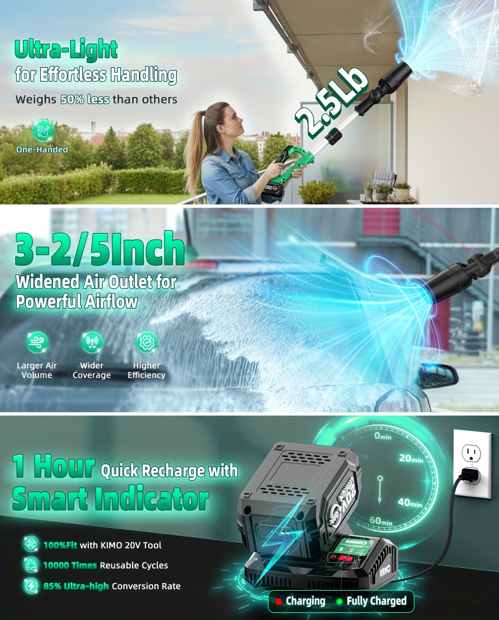 KIMO 20V Cordless Leaf Blower with Telescoping Tube, Three-Speed Label, Charger and One- or Two-Battery 4000mAh Sets — image 