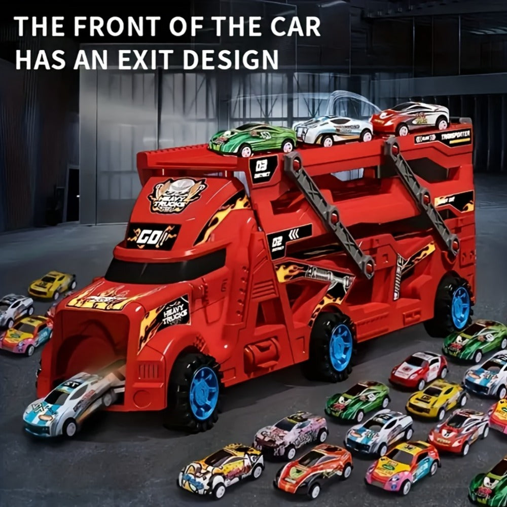 Transforming Launcher Truck Playset with 8 Alloy Cars, Foldable Storage Transporter Toy, Car Carrier Truck with Launch Ramp —
