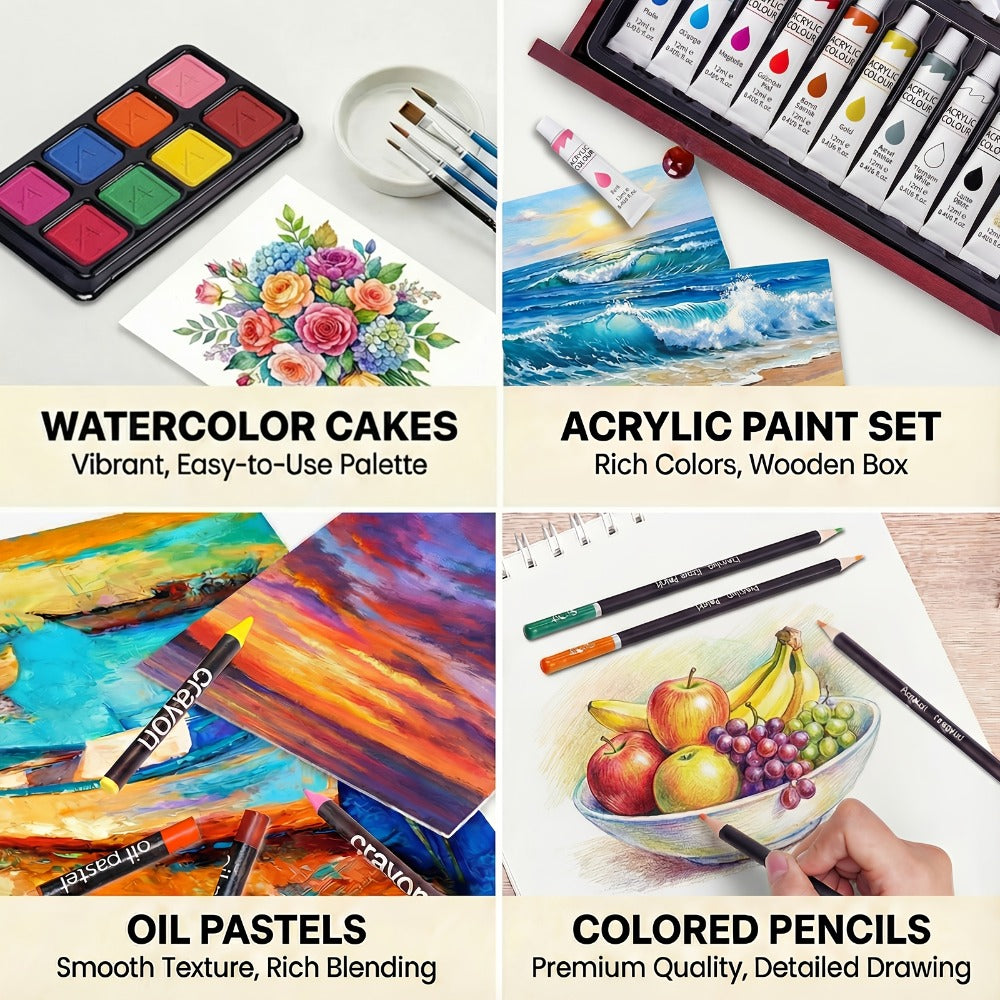172 Piece Deluxe Art Set in Wooden Case with 2 Drawing Pads Crayons Acrylic with the Listed Color, Size or Set Options for Ev