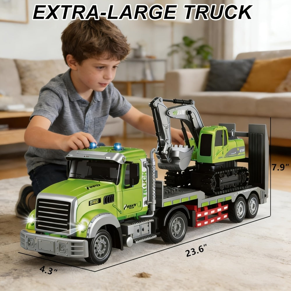 RC Semi Truck with Flatbed Trailer & Alloy Excavator Set 1:12 Scale, 11-Channel Dual Control, Sound & Lights — image 2