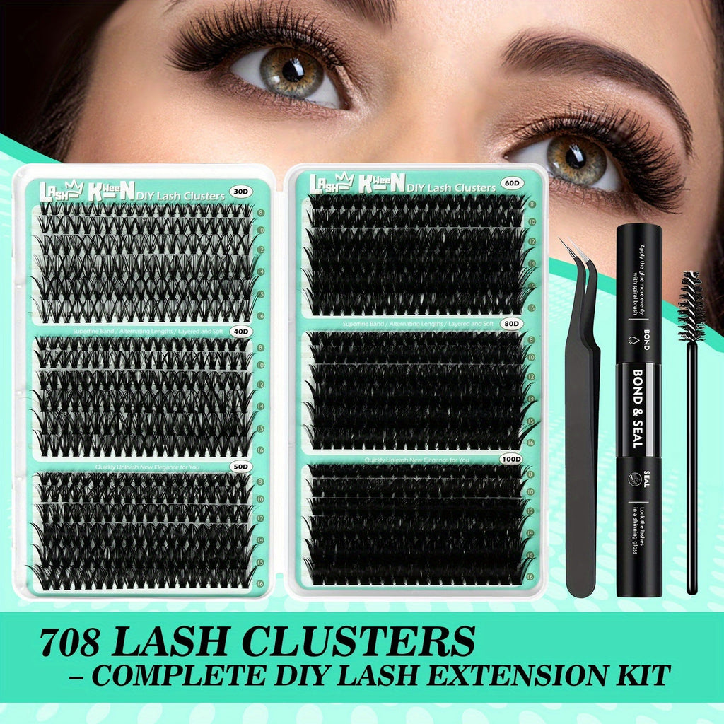 Lash Clusters Kit 708Pcs with Tweezers, Glue & Brush – Soft Silky Fiber False Eyelashes Full Voluminous DIY Lash Extension Se