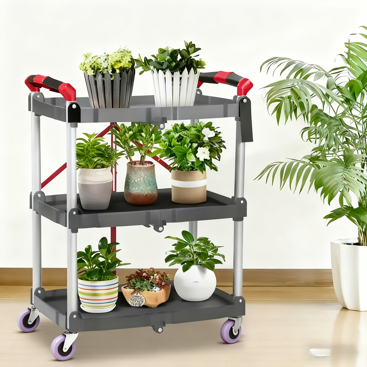 3-Tier Rolling Cart Collapsible Service Utility Cart on Wheels, Portable Folding 3 Shelf Cart for Kitchen Office Garage Works