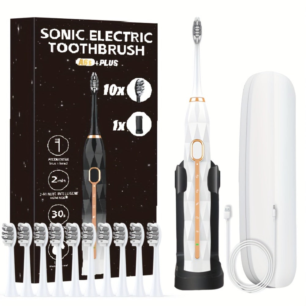 IPX8 Sonic Electric Toothbrush with 8 Replacement Brush Heads – Metal Shaft, USB Rechargeable 500mAh, Travel Case & Holder — 
