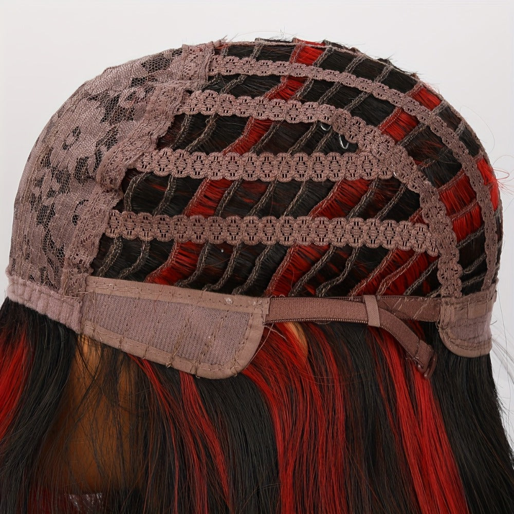 Synthetic Wig 24-Inch Straight Style with Red Highlights, A-Shape Bangs and Adjustable Rose Net Cap — image 6