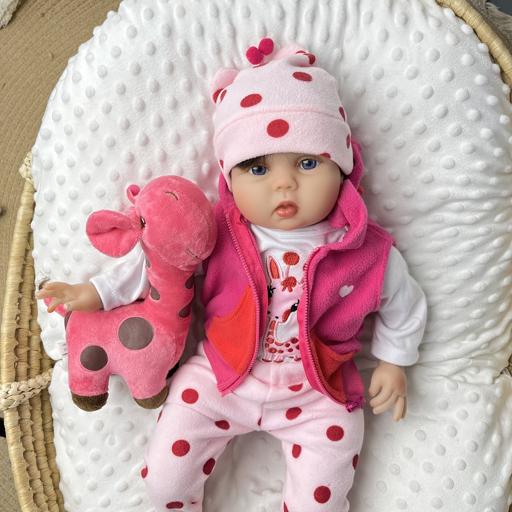 Open-Eye 22-Inch Baby Doll with Pink Giraffe Plush, Giraffe Outfit and 55 cm Size Label for Pretend Play — image 4