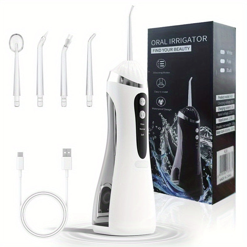 Water Flosser Portable Three-Mode Oral Irrigator with Brush Head Attachment, USB Charging and White, Black or Pink Options — 