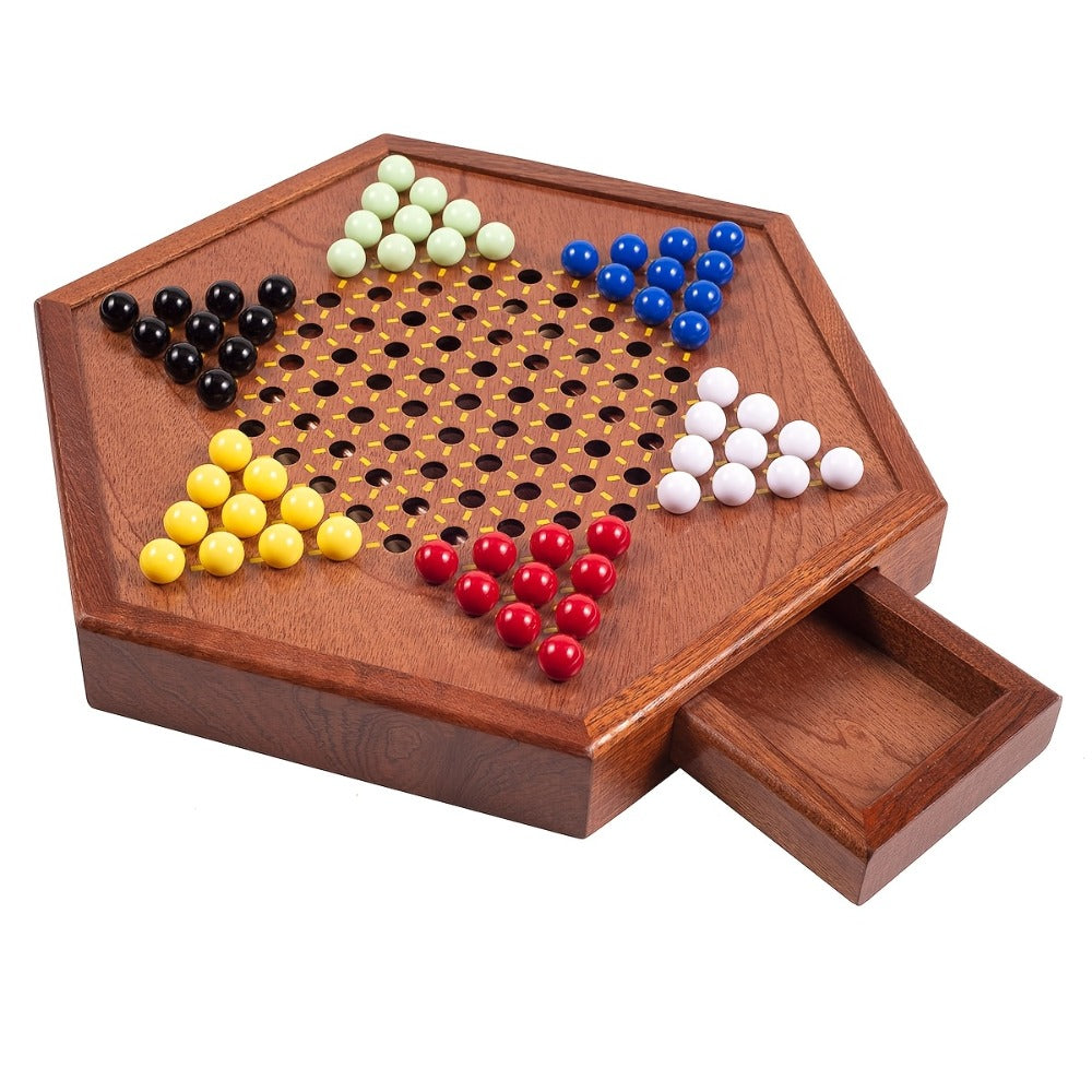 Deluxe Wooden Chinese Checkers Game Set 12.5 Inch Hexagonal Board with Storage Drawer 60 Acrylic Marbles — image 12
