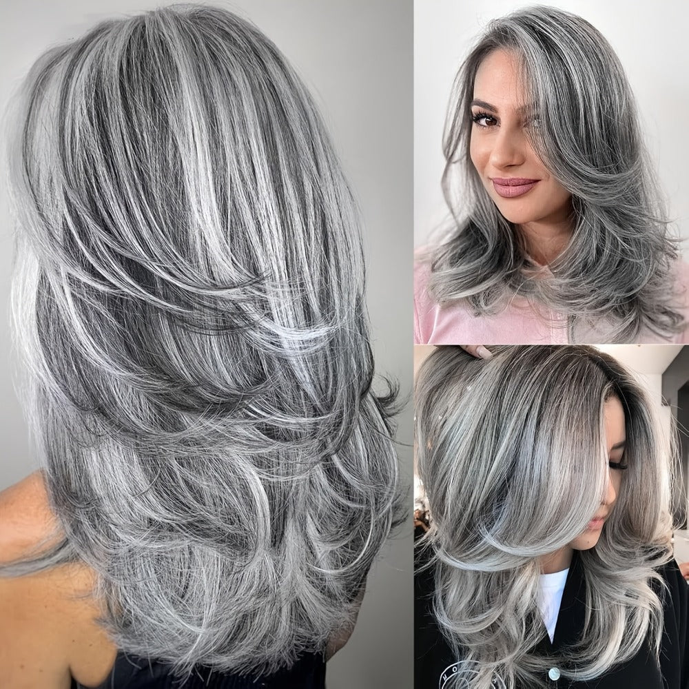 Synthetic Wig 18-Inch Layered Silvery Waves with Highlights in Two Colors and Rose Net Cap — image 2