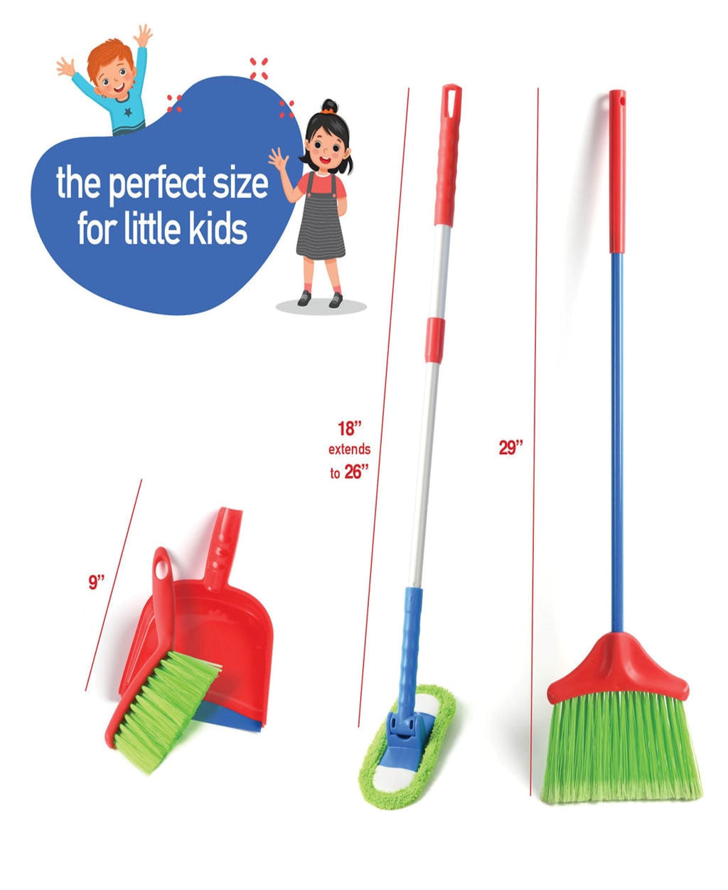 Kids Cleaning Set 4 Piece Toy Broom Mop Brush Dustpan, Pretend Play Housekeeping Kit for Toddlers Boys Girls — image 10