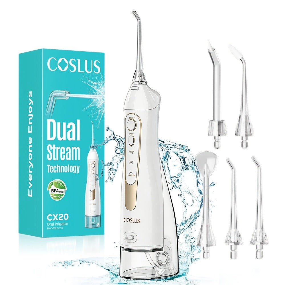 Water Flosser COSLUS CX20 Cordless Oral Irrigator with 300ml Detachable Tank, Five Tips, Rotating Nozzle and Gold Accents — i