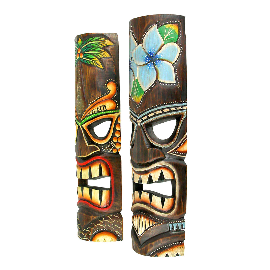 Tiki Wall Masks Set of 2 – Hand Carved Wooden 20" Tropical Decor with Palm Tree & Plumeria Designs for Indoor Outdoor Patio B
