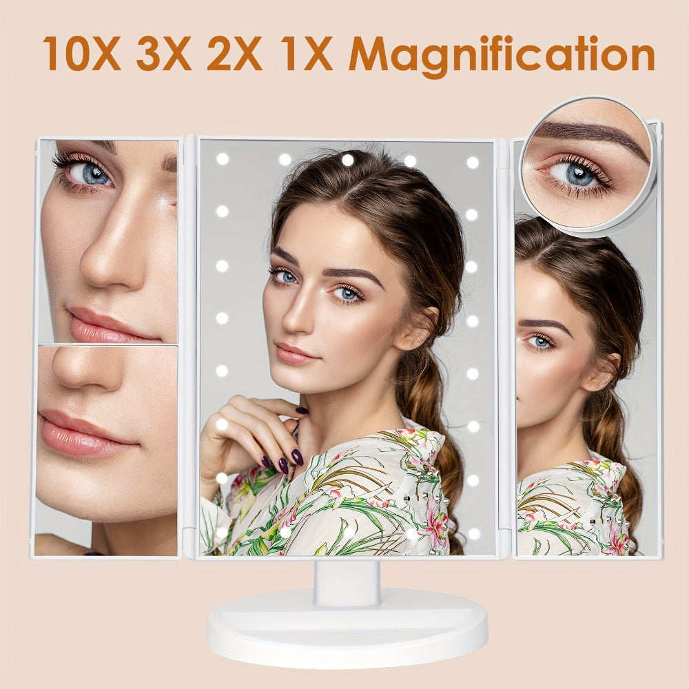 Trifold LED Vanity Mirror with 1X 2X 3X 10X Magnification Touch Screen Adjustable Brightness, for Makeup, Travel and Everyday